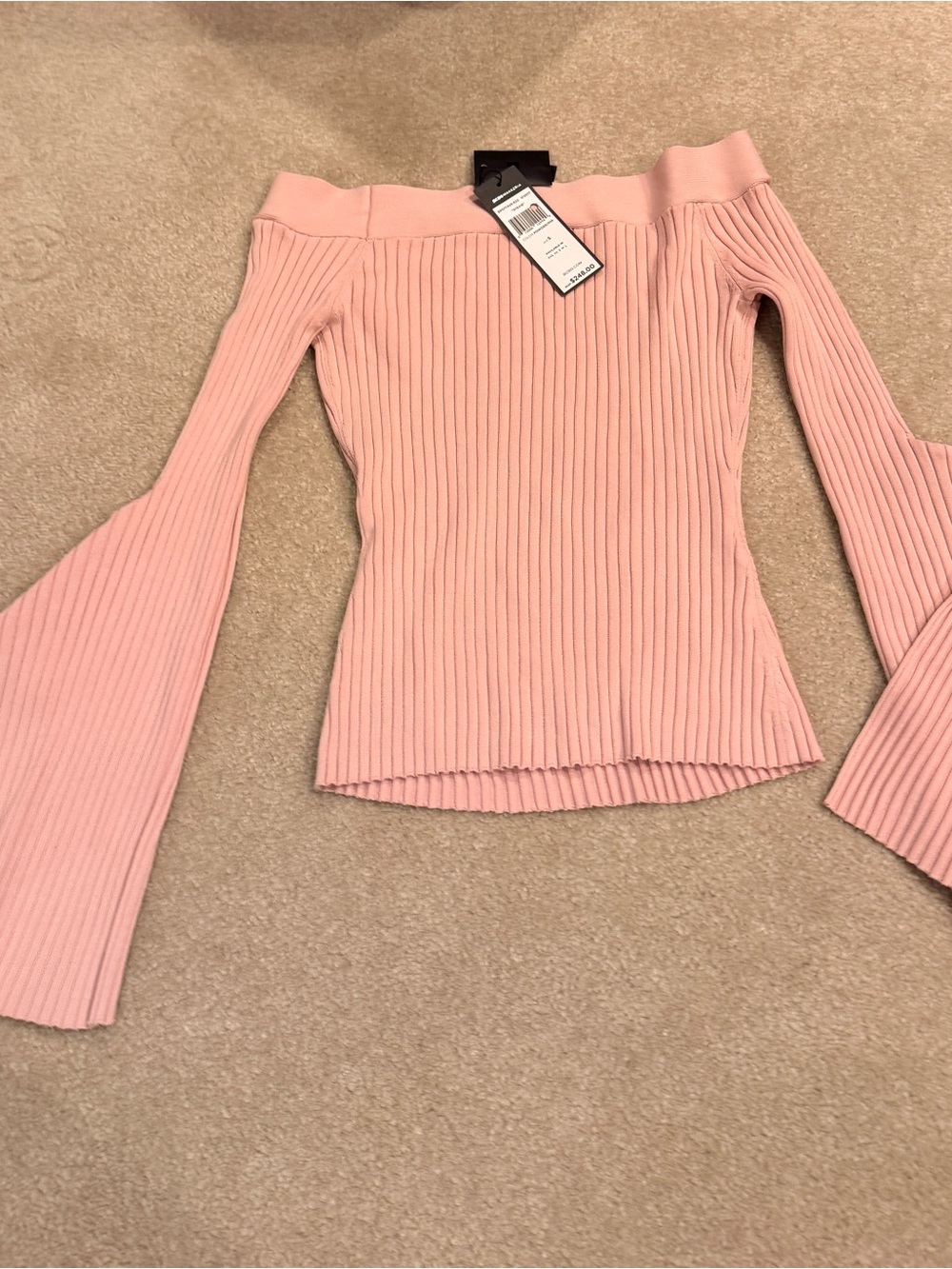 Vintage BCBGMaxAzria Off-the-Shoulder Ribbed Bell-Sleeve Sweater - Light Pink